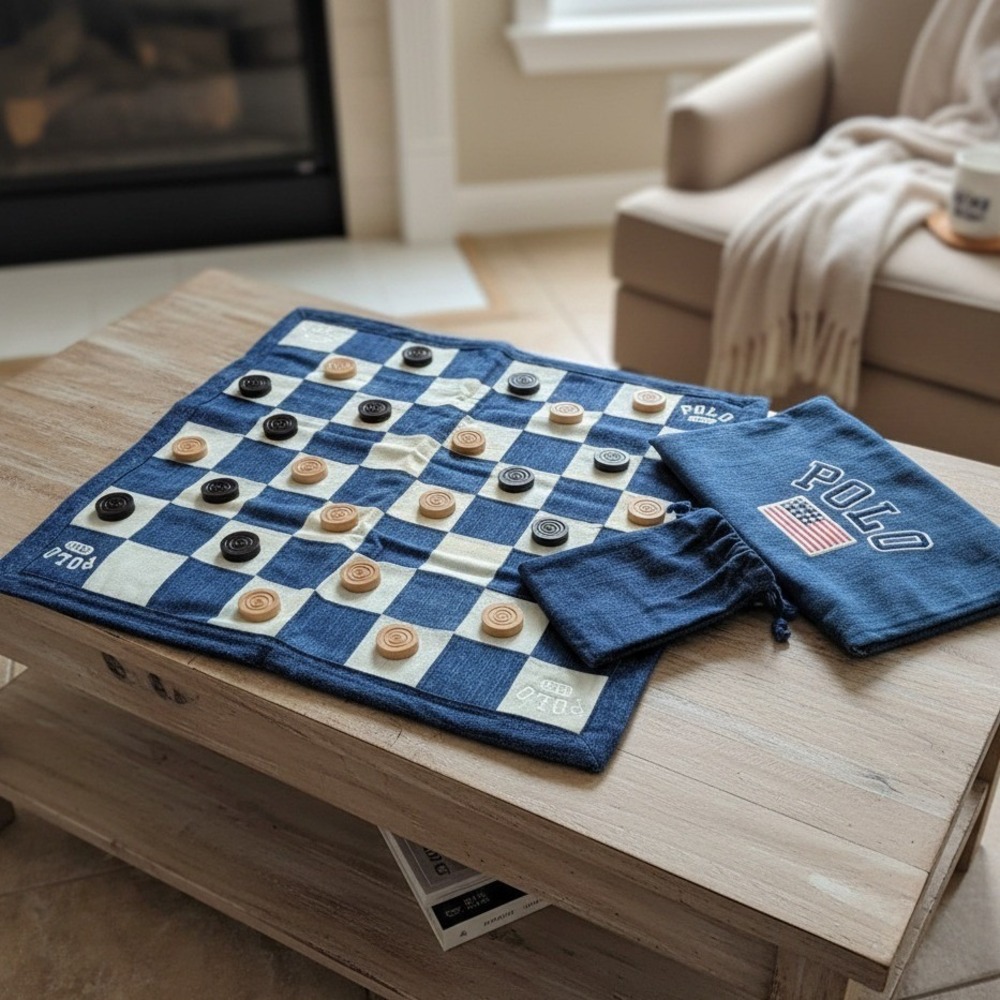 Polo Ralph Lauren Denim Travel Checkers Game Set Blue Jean Board Game New